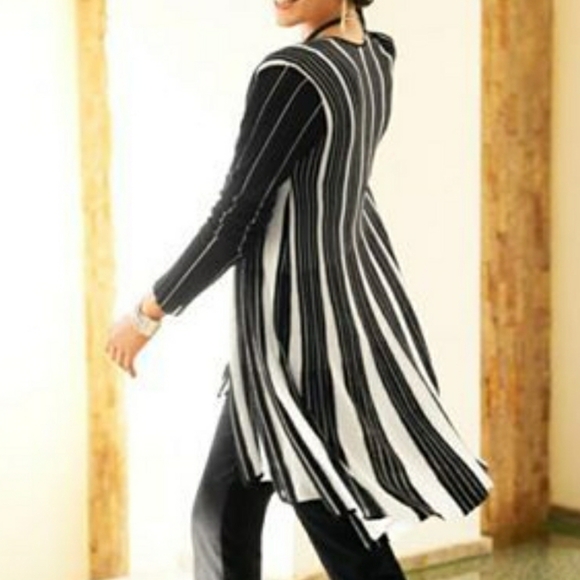 Chicos 3 Open Front Long Cardigan Sweater Womens XL Black White Stripe Stretch - Picture 3 of 7